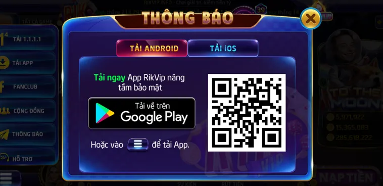 Tải app về di động để đăng kí Rikvip.