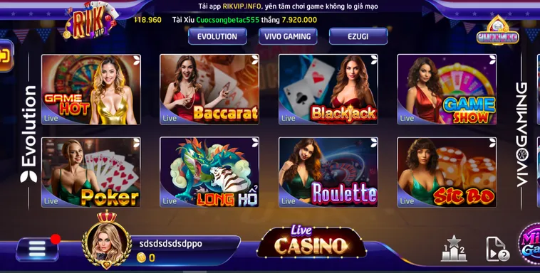 Sảnh live casino đa dạng hình thức và thể loại.