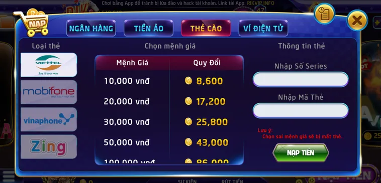 Nạp tiền qua thẻ cào nhanh chóng tiện lợi an toàn.