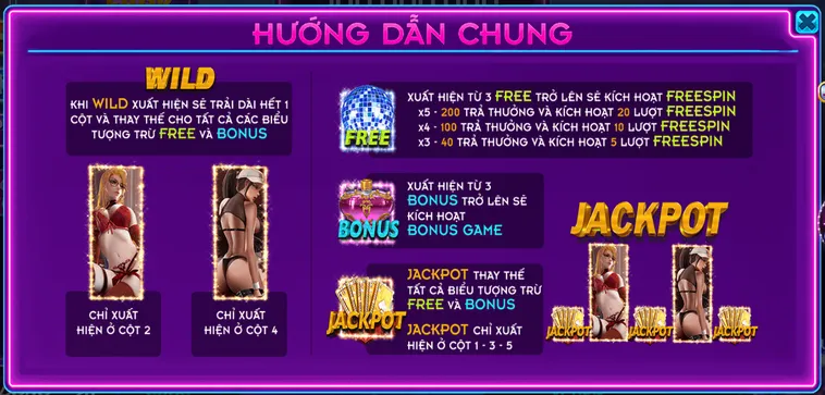 Hướng dẫn chung cách chơi và các biểu tượng đặc biệt trong Night Club Lady