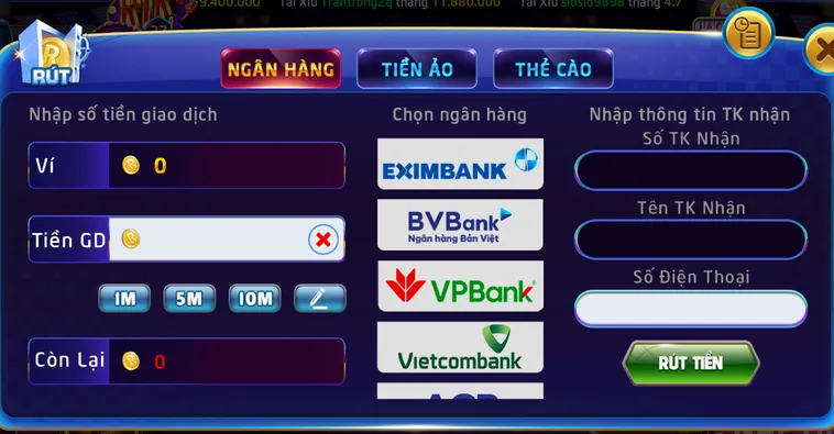 Đa dạng lựa chọn Rút Tiền Về Tài Khoản Ngân Hàng, Thẻ Cào, Tiền Ảo