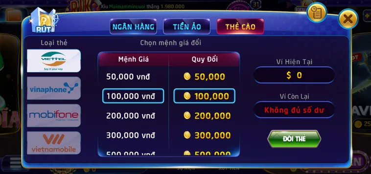 Các bước để rút tiền qua thẻ cào tại Rikvip